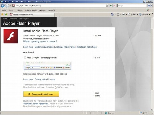 Stránka s instalací Adobe Flash Player