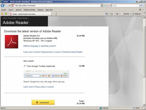 Stránka s programem Adobe Reader